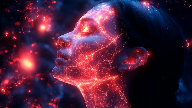 Ethereal woman with glowing patterns in cosmic space