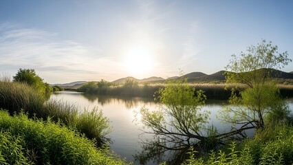 Peaceful River Landscape with Green Vegetation at Golden Hour