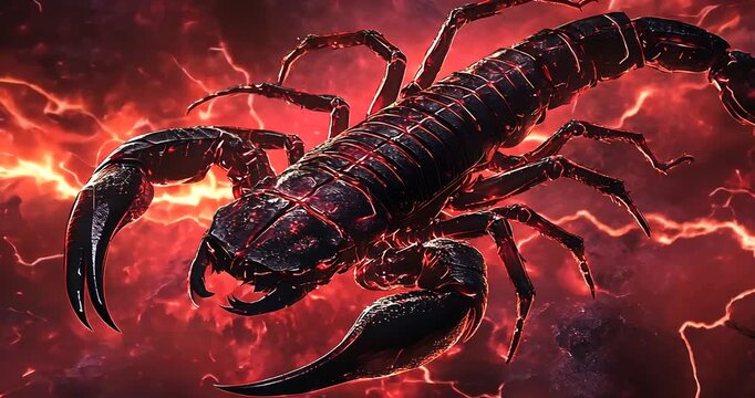 A striking black scorpion illuminated by fiery red lightning in a dramatic cosmic setting