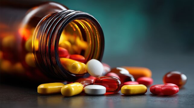 A close-up of a spilled bottle of colorful pills on a dark surface, highlighting various shapes and sizes of medication.