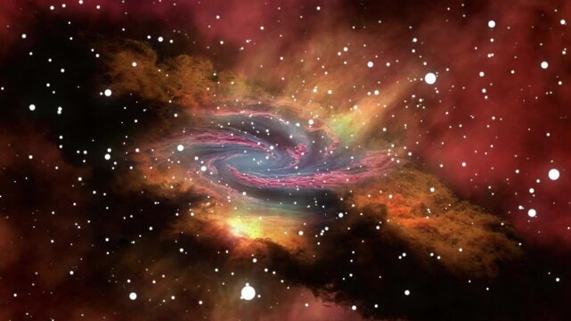 A captivating spiral galaxy with a radiant core amidst cosmic clouds and stars