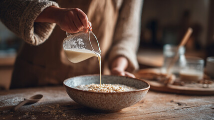Woman pouring milk into a cereal bowl with natural morning light and fresh ingredients representing breakfast, home cooking, healthy eating, daily routine, and cozy kitchen moments