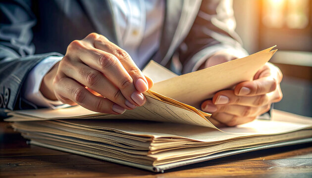 Delving into the Details: An individual is carefully reviewing a stack of important documents, embodying attention to detail and a commitment to diligence.