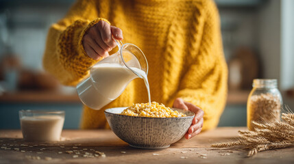 Woman pouring milk into a cereal bowl with natural morning light and fresh ingredients representing breakfast, home cooking, healthy eating, daily routine, and cozy kitchen moments