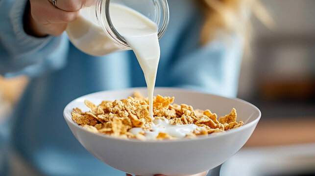Woman pouring milk into a cereal bowl with natural morning light and fresh ingredients representing breakfast, home cooking, healthy eating, daily routine, and cozy kitchen moments - Powered by Adobe