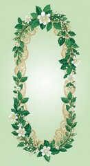 Floral oval frame with green leaves and white flowers on light green background