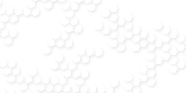 Abstract geometric white surface with hexagonal shapes showing on the right side, digital geometric abstraction with lines and dots, abstract hexagon honeycomb white background.