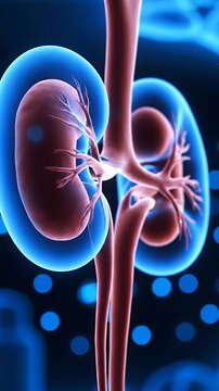 3D Medical Visualization of Kidneys and Urinary Tract in Blue and Red Hues Kidney Disease Awareness Theme Health Complication and Medical Research Seamless Loop Animation