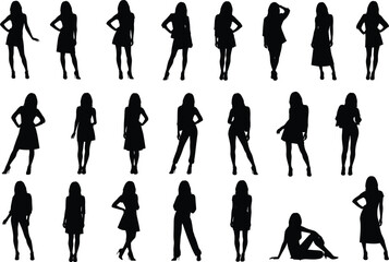Silhouette poses of human figure in various standing, sitting, walking, and lying positions for animation, design, and reference use.