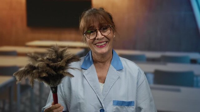 Woman cleaning a classroom with a duster, smiling senior hispanic cleaner indoors.