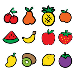 Cute Cartoon Fruit Icons Set on White Background