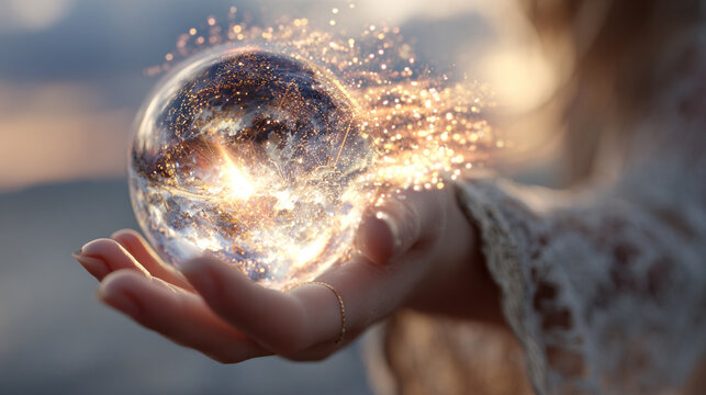 A woman’s hand holds a glowing AI orb, creating a surreal futuristic portrait that embodies technology, intelligence, and the fusion of human and digital elements.
- Powered by Adobe