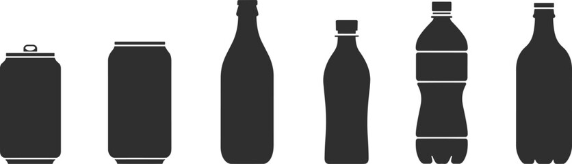 Silhouette Set of Beverage Bottles and Cans in Various Shapes for Packaging, Recycling, Drink Design and Vector Illustration Use