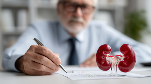 Kidney Medical Assessment: A blurred view of the professional man reviewing a kidney model, emphasizing his dedication to patient health and healthcare