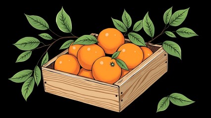 Oranges in a Wooden Box on Black Background