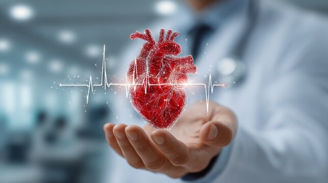 Doctor holding a realistic 3D red heart with heartbeat line overlay in hands, symbolizing World Heart Day, cardiovascular health awareness, medical concept, care, protection, and wellness.