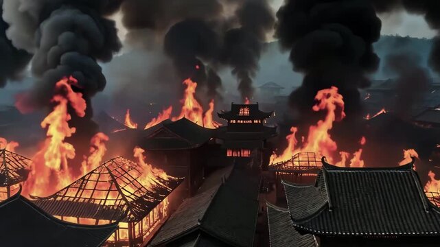 Epic Daytime Scene of an Ancient Chinese City Engulfed in a Raging Inferno of War and Destruction