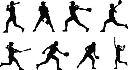 Silhouette set of softball players in action poses including batting, pitching, catching, running, fielding, sliding, and throwing scenes