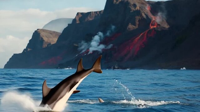 Dolphin jumping out of the ocean water with volcanic mountain in the background on a bright day dolphin video