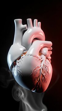 3D Rendering of Heart Model with White Arteries and Veins on Dark Background, Red Backlight, Gray Smoke Effect for Medical Visualization and Cardiac Health Concepts, Anatomical Heart