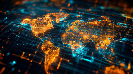 A world map emerges from glowing digital threads, illustrating global connectivity, data networks, and the flow of information in a vibrant, futuristic style.
