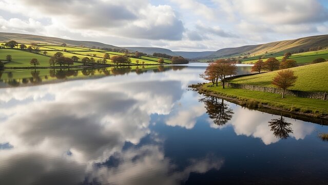 Tranquil Lake Reflection of Cloudy Sky and Green Hillside Landscape