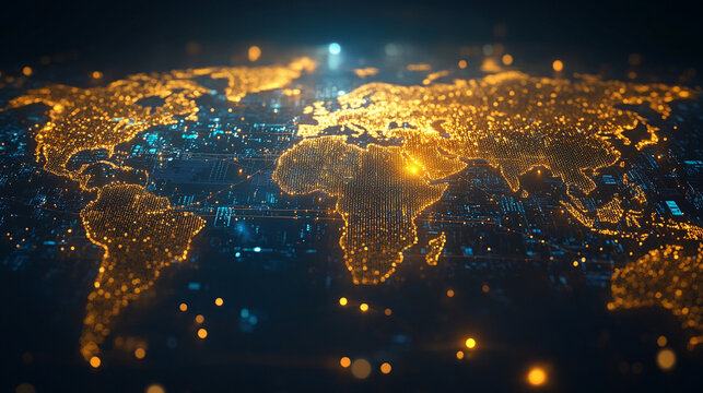 A world map emerges from glowing digital threads, illustrating global connectivity, data networks, and the flow of information in a vibrant, futuristic style.