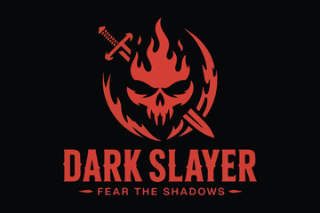 Dark slayer flaming skull logo with sword, fear the shadows text emblem design