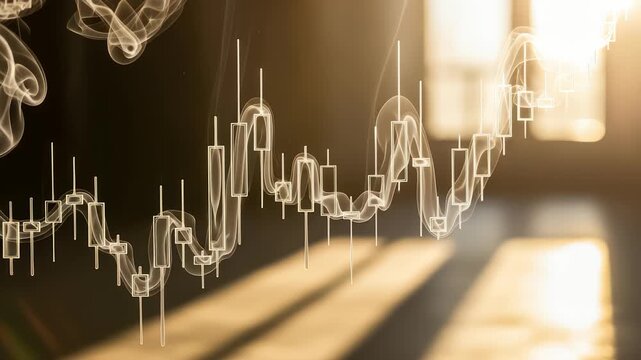 Abstract Trading Chart Overlayed with Smoke and Light Streaks Creating a Financial Atmosphere
