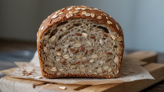 Close up cross section of fresh baked loaf of multigrain bread