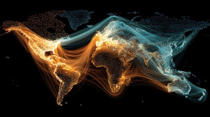 A world map emerges from glowing digital threads, illustrating global connectivity, data networks, and the flow of information in a vibrant, futuristic style.