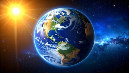 Naklejka premium Stunning depiction of Earth, showcasing sunlight and the cosmos beyond our planet's sphere