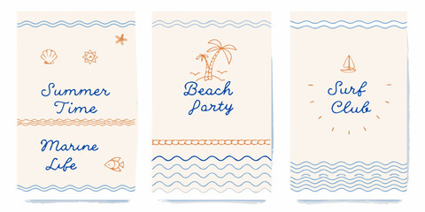 Collection of three charming hand drawn summer themed vertical banners for beach party and surf club events