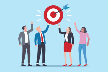 Diverse business team celebrating success after hitting their target with an arrow in the bullseye