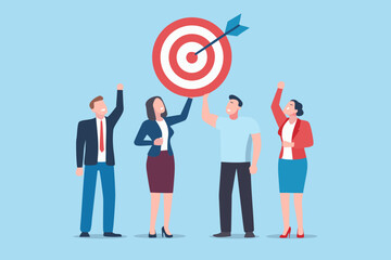 Diverse team celebrates achieving a shared business goal with an arrow hitting the bullseye on a target