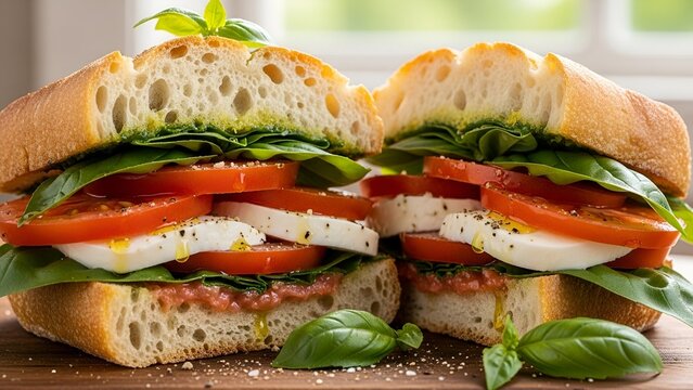 Caprese Sandwich on Ciabatta with Fresh Basil, Tomatoes, and Mozzarella
