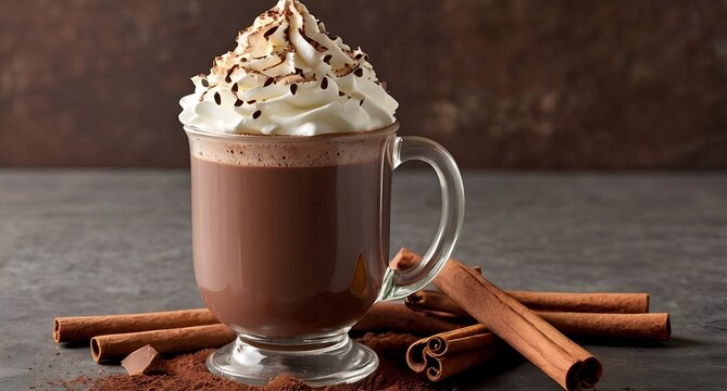 Rich and creamy hot chocolate topped with whipped cream and chocolate shavings, surrounded by cinnamon sticks on a dark rustic surface — a cozy winter drink perfect for dessert.  - Powered by Adobe