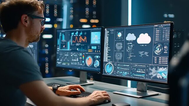 Man analyzing data on multiple monitors in a modern office with city skyline in the background - Powered by Adobe