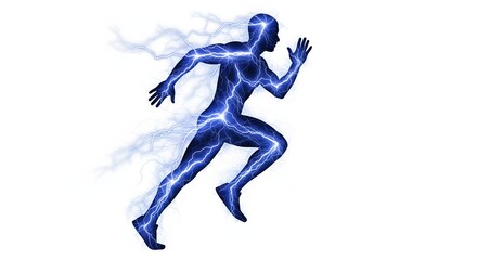 Naklejka premium Abstract silhouette of a running man charged with blue electric lightning energy, symbolizing speed, power, and athletic performance on a white background
