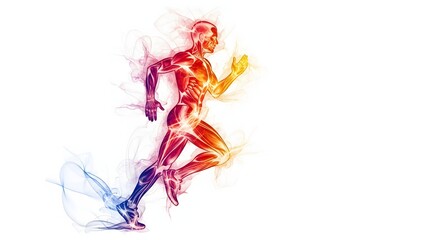 Obraz premium Scientific visualization of human muscular anatomy in a dynamic running motion, depicted with vibrant energy flames
