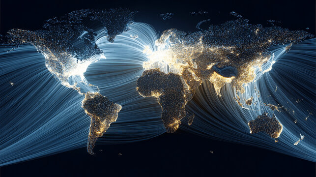 A world map emerges from glowing digital threads, illustrating global connectivity, data networks, and the flow of information in a vibrant, futuristic style.
