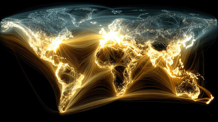 A world map emerges from glowing digital threads, illustrating global connectivity, data networks, and the flow of information in a vibrant, futuristic style.