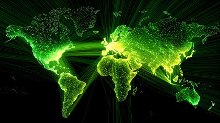 A world map emerges from glowing digital threads, illustrating global connectivity, data networks, and the flow of information in a vibrant, futuristic style.

