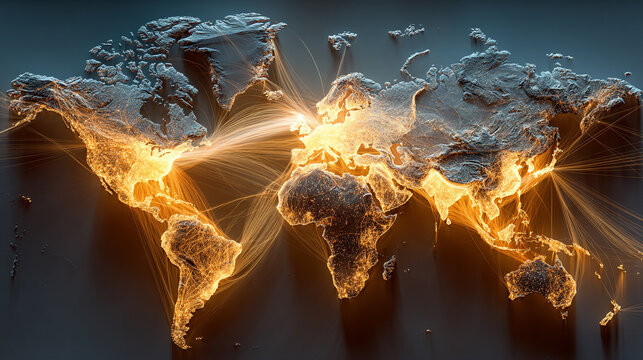 A world map emerges from glowing digital threads, illustrating global connectivity, data networks, and the flow of information in a vibrant, futuristic style.
