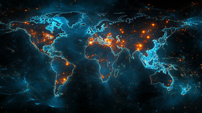 A world map emerges from glowing digital threads, illustrating global connectivity, data networks, and the flow of information in a vibrant, futuristic style.
