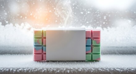 Colorful Gift Box with Blank Label in Snowy Winter Scene.