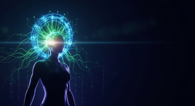 futuristic human silhouette with digital neural network glowing around head - Powered by Adobe