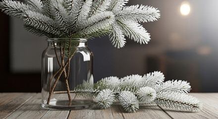 A cozy and aesthetic  winter holiday setup featuring flocked (snow-covered) evergreen pine branches arranged in a clear glass jar or vase