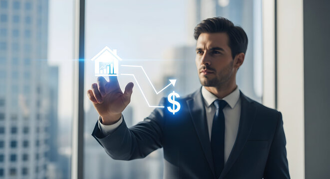 Professional Businessman Interacting with Futuristic Real Estate Investment Hologram in Modern Office, Analyzing Property Growth and Financial Data