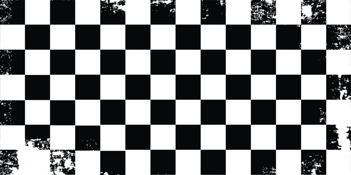 Distorted vector checkered seamless pattern. Groovy twisted grid. Psychedelic dynamic banner background. Retro 70s trippy hippie wavy aesthetic chess backdrop in black and white racing flag colors.